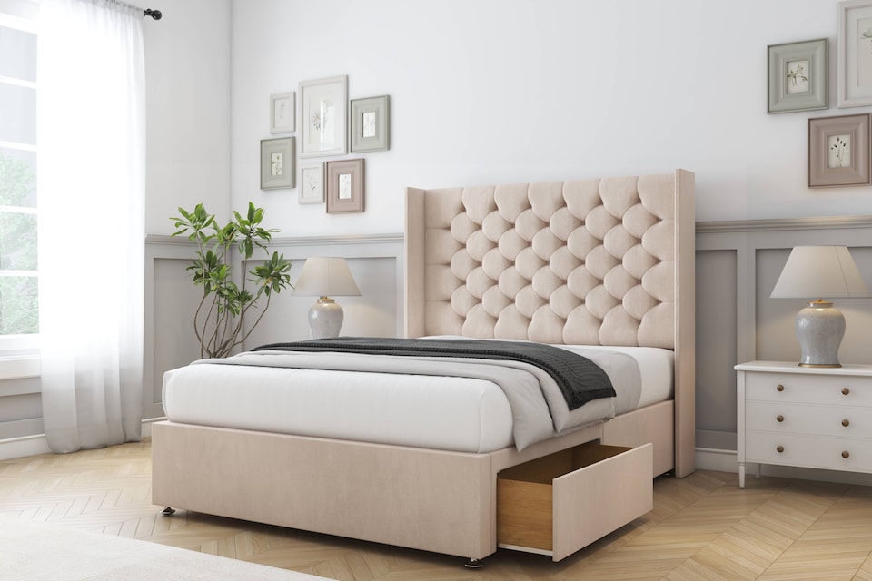 image 1 of Sloomy Dior Sand Naples Divan Bed With Mattress 2 Drawers Footend With 54" Wingback Headboard 6' Super King | Cream | Sand | Super King | 1