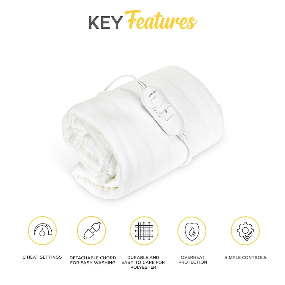 image 1 of MONHOUSE Premium Soft Fleece Electric Blanket - Heated Under Blanket - Detachable Controller & Machine Washable - 3 Heat Settings - Single 65x135cm - White
