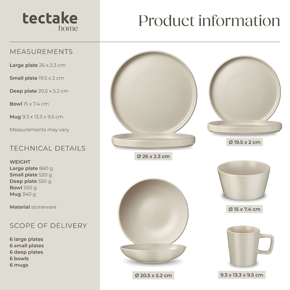 image 1 of Dinnerware Set Una - dinner set, incl. plates, bowls and mugs, for 6 people | Brown | taupe | 1