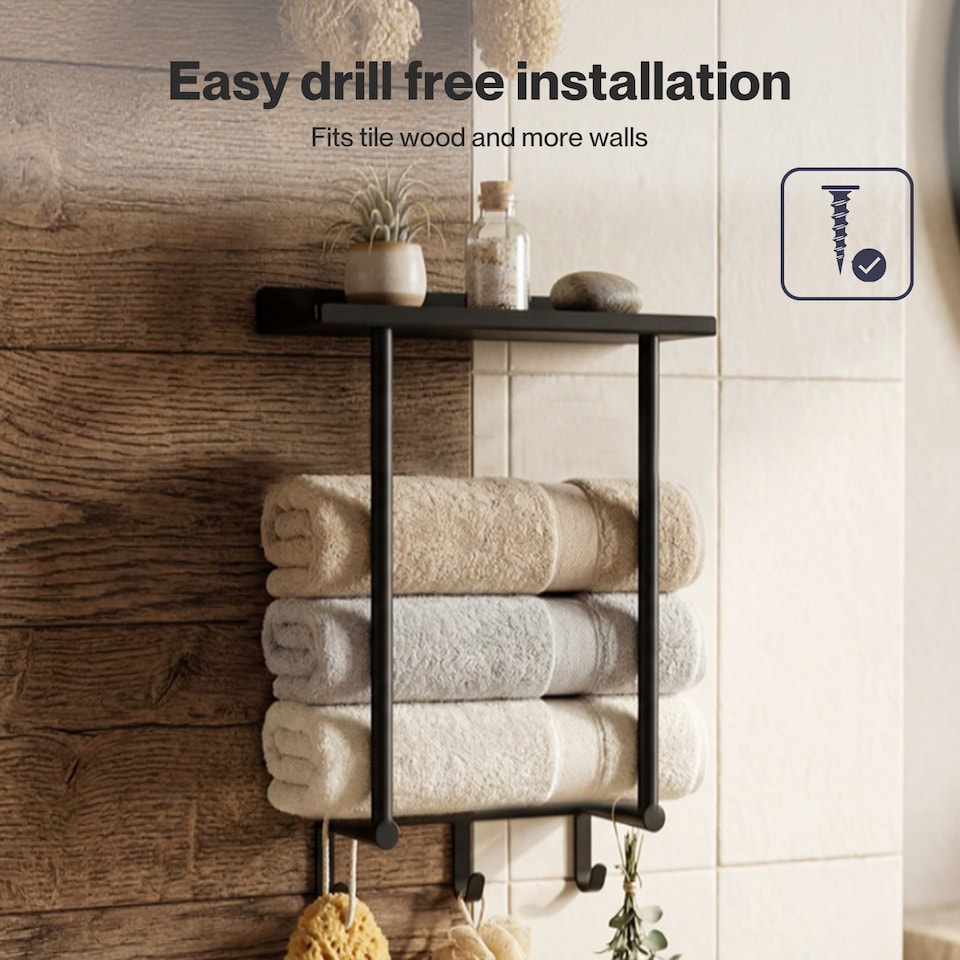image 1 of Levede Towel Rack Wall Mounted Shelf Bathroom Storage Holder with Hooks Black