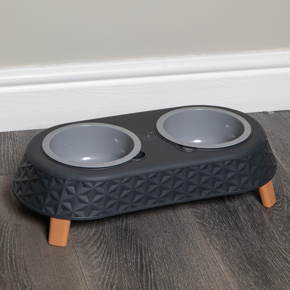 image 1 of 16cm x 9cm Grey Plastic Raised Double Pet Bowl Feeding Station with Stand