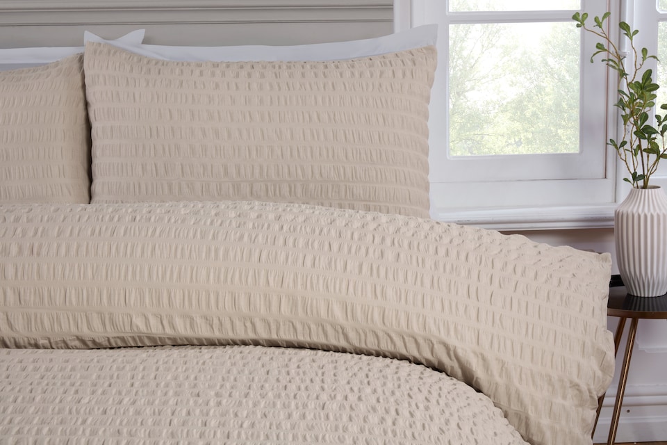 image 1 of Seersucker Polycotton Luxury Duvet Cover Set with Pillowcase | Cream | Super King