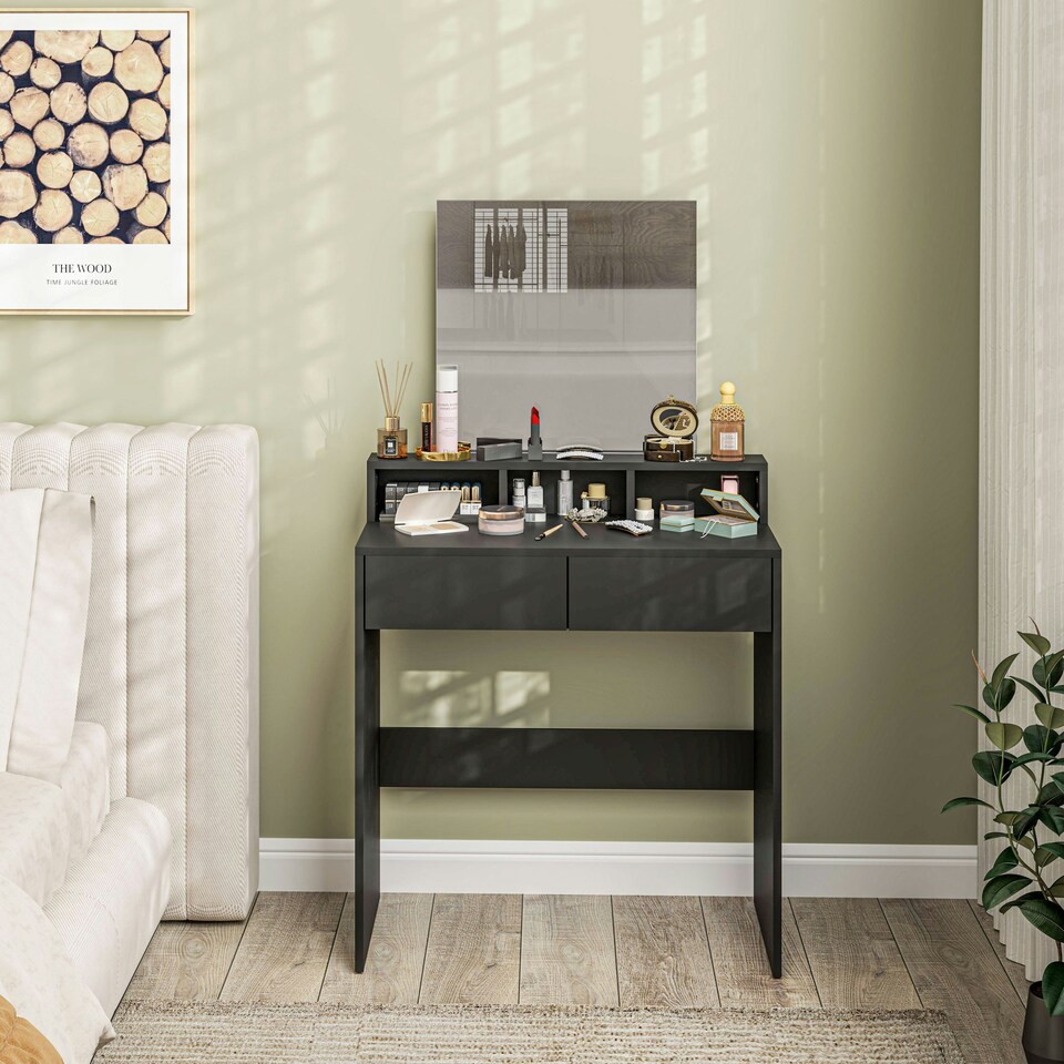 image 1 of HOMCOM Dressing Table with Mirror, Drawers, for Bedroom, Black Black