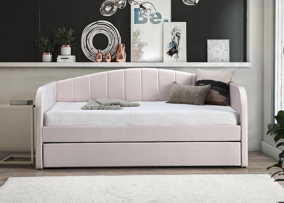 image 1 of Pink Day Bed,Sofabed,Guest Trundle Fabric Upholstered Velour, Bed Frame | Pink | Single