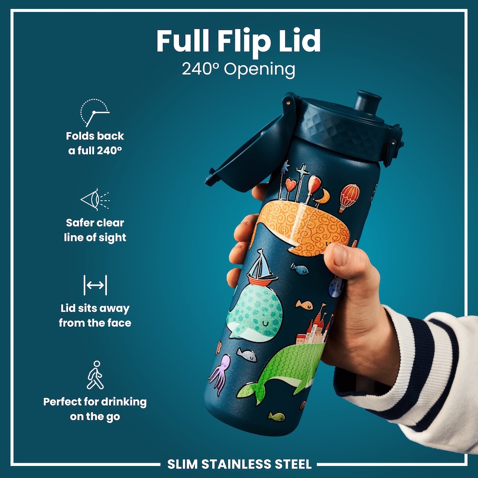 image 1 of Leak Proof Slim Water Bottle, Stainless Steel, 600ml (20oz) | Blue | Whales | One Size
