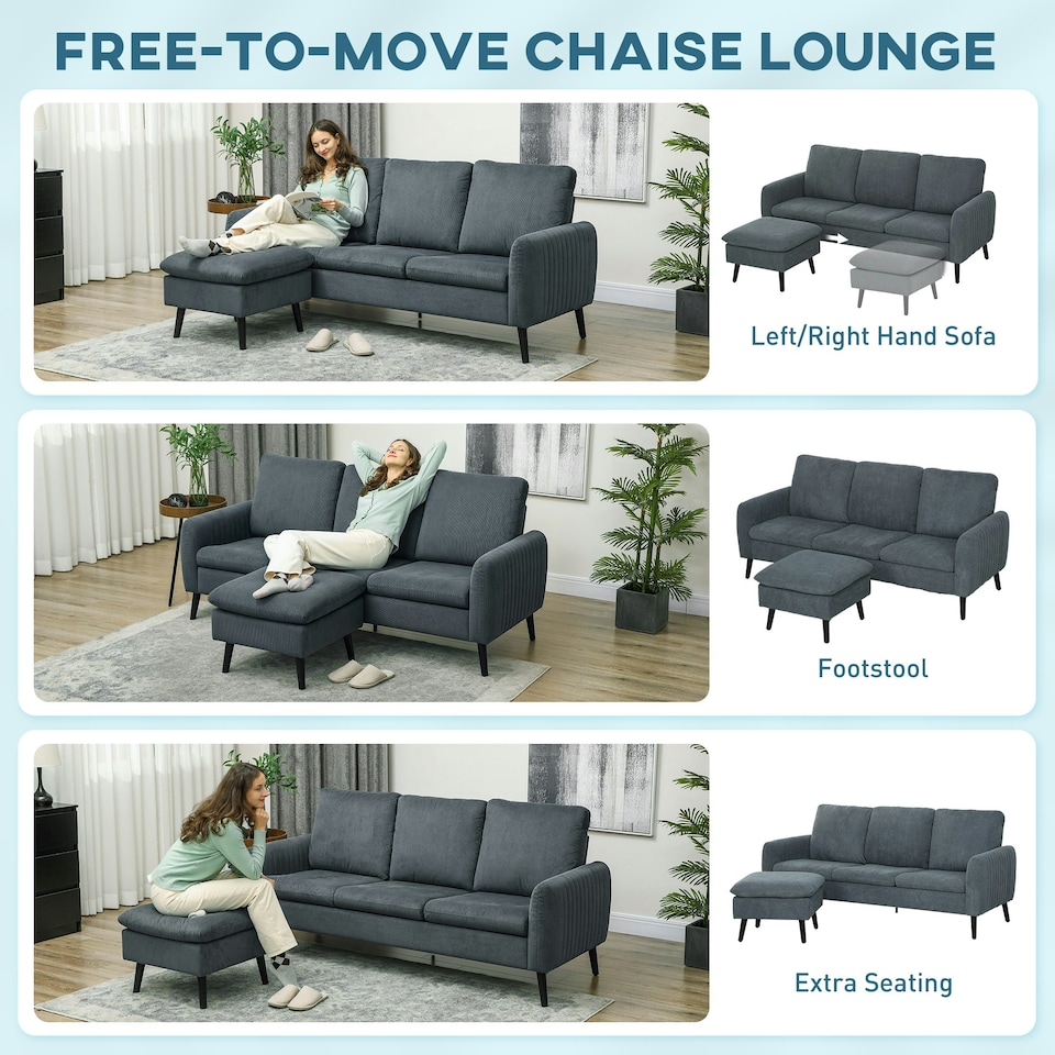 image 1 of HOMCOM 3 Seater Corner Sofa Couch Settee with Chaise Lounge, Charcoal Grey