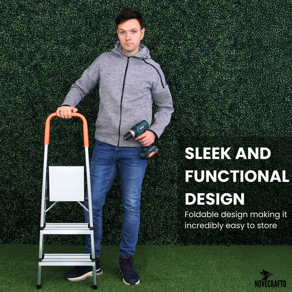 image 1 of Lightweight Step Ladders - Compact Aluminium Stepladder with Non-Slip Wide Step, Portable Silver Color - Tall Folding Ladder with Platform Silver | 3- Step 105 cm