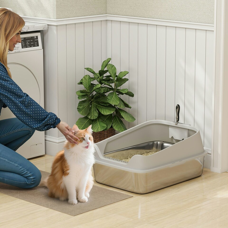 image 1 of PawHut Stainless Steel Cat Litter Box with High Sides Grey | L