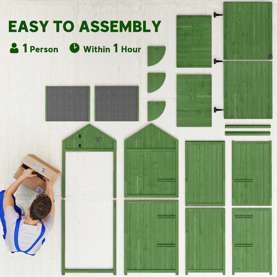 image 1 of Outsunny Small Shed, Tall Slim Wooden Garden Shed with 3 Removable Shelves and Roof Hatch, Compact Outdoor Tool Storage Cabinet with Asphalt Roof and Door Latch, 77 x 54.2 x 179 cm, Green