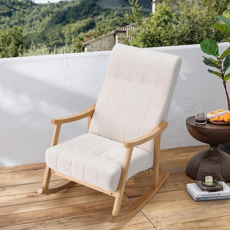 image 1 of Living and Home Velvet Upholstered Tufting Rocking Chair White