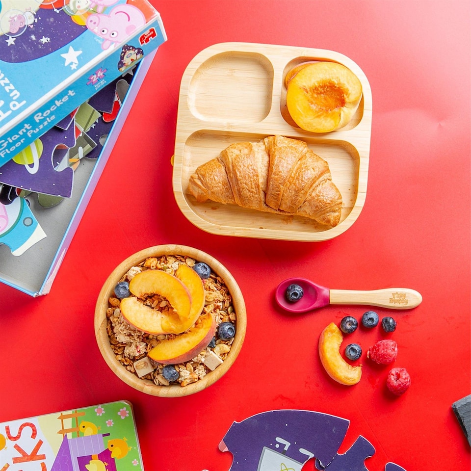 image 1 of Tiny Dining Bamboo Silicone Tip Spoon - Red - Children's Baby Toddler Soft Curved Feeding Weaning Spoon