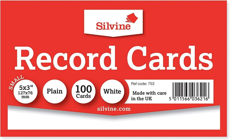 image 1 of Pack of 100 Plain White Record Cards 5x3" (127 x 76mm)