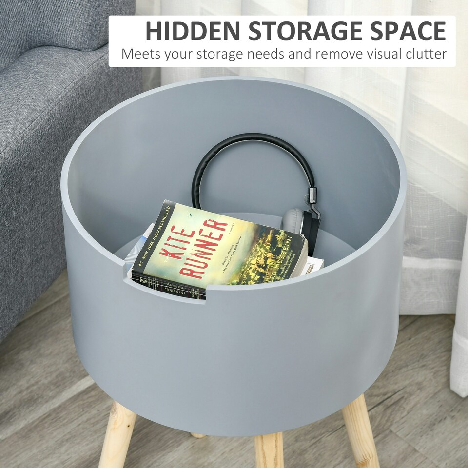 image 1 of HOMCOM Round Side Table Nightstand w/ Hidden Storage Space, Grey White