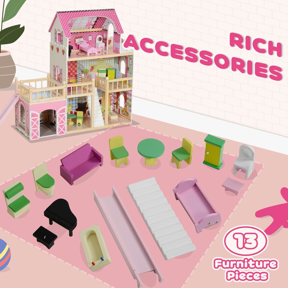 image 1 of AIYAPLAY Dolls House with 13 Wooden Furniture Pieces, for Ages 3-6 Years