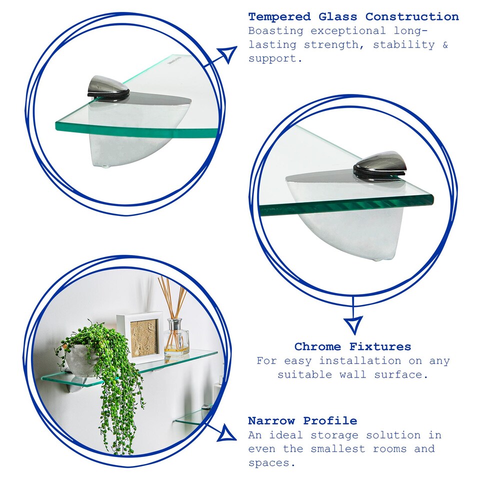 image 1 of Harbour Housewares Floating Glass Shelf - 50cm - Metallic Brackets - Bathroom Shower Storage Vanity Display Unit Shelf | Silver | Chrome | 1