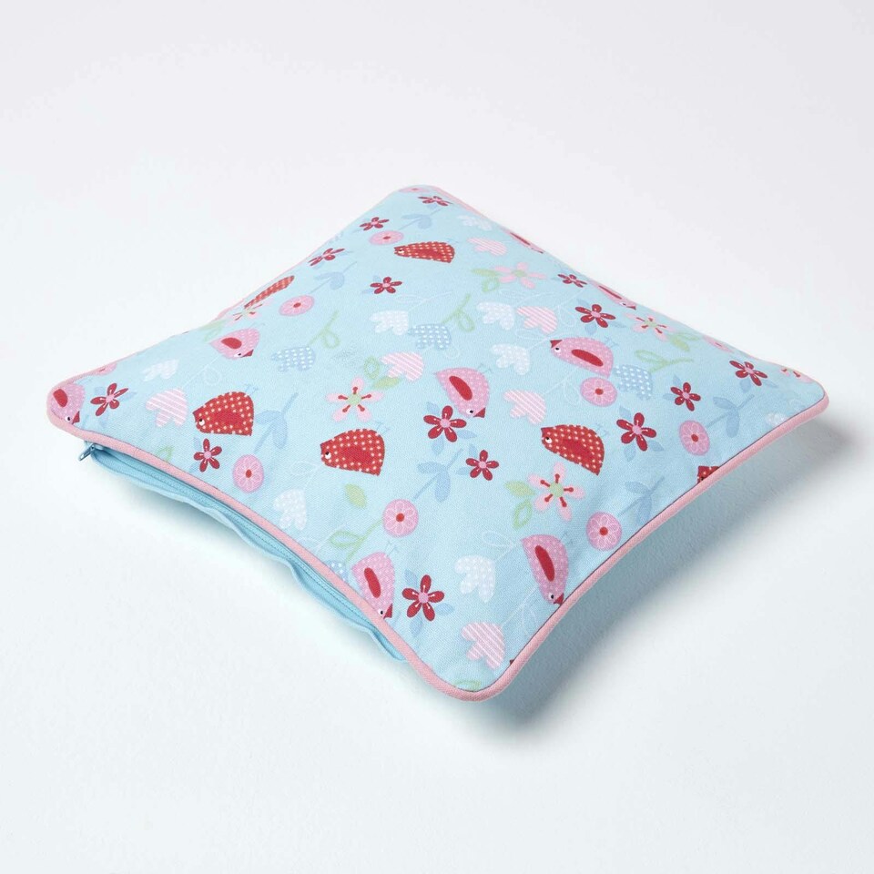 image 1 of Homescapes Cotton Birds and Flower Cushion Cover - 30 x 30 cm | Blue | Blue | 30 x 30 cm