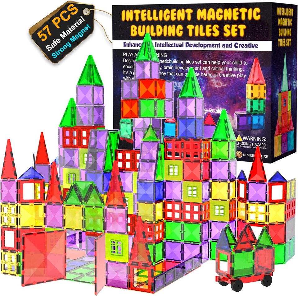 image 1 of Desire Deluxe Magnetic Building Blocks Tiles STEM Toy Set 57PC – Kids Learning Educational Construction Toys for Boys Girls Present Age 3 4 5 6 7 Year Old - Gift
