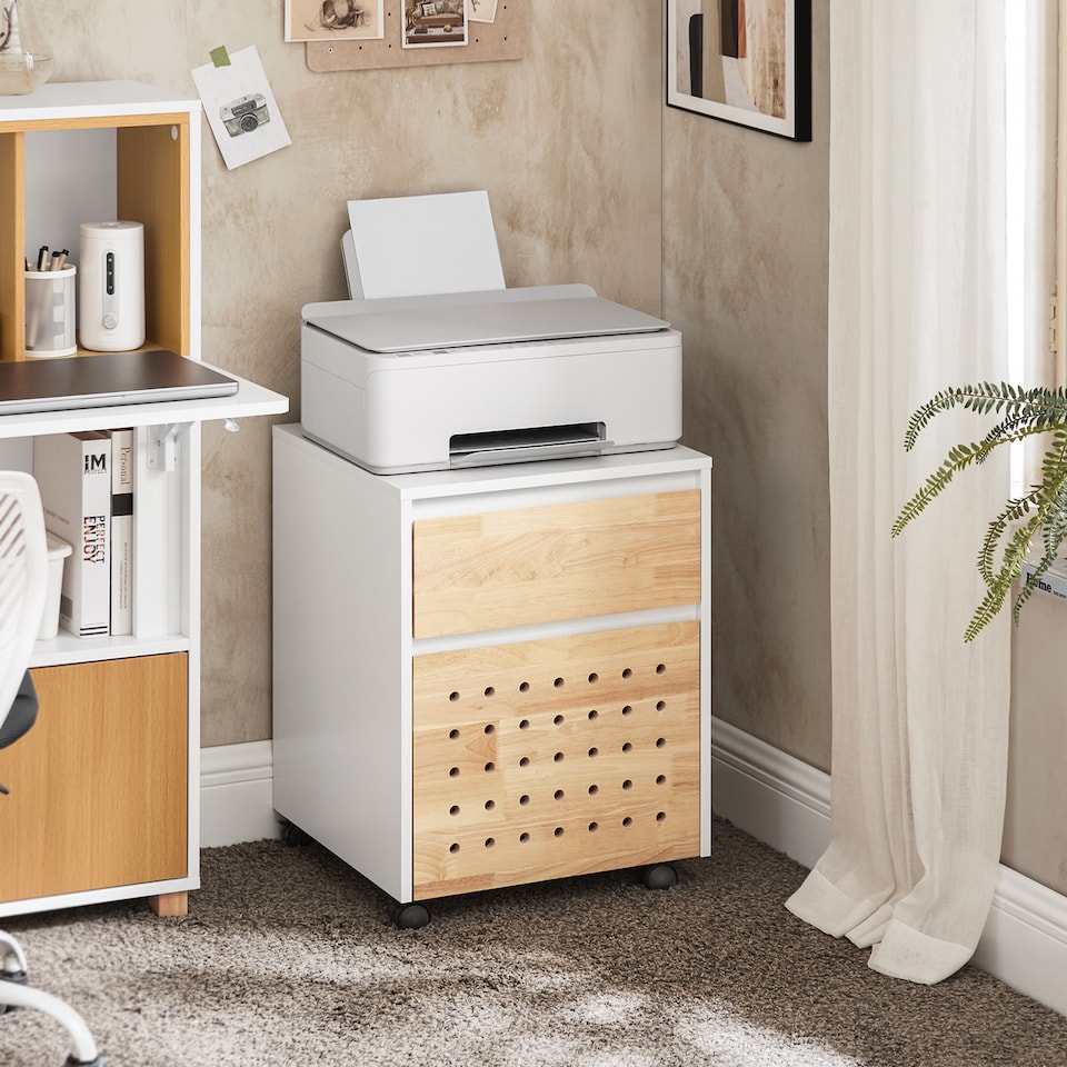 image 1 of SoBuy Mobile File Cabinet Printer Stand with 2 Drawers, White & Natural Wood, 17.7x17.7x23.2 inches, 19 kg - ASK06-WN