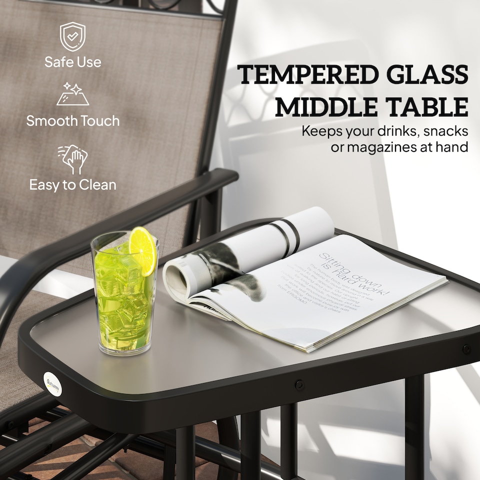 image 1 of Outsunny Double Outdoor Glider Chair, 2 Seater Patio Rocking Chairs, Swing Bench with Tempered Glass Table, Breathable Mesh Fabric for Backyard, Garden, Porch, Brown