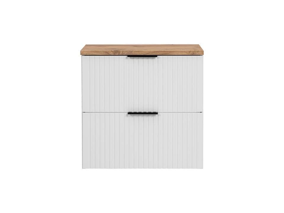 image 1 of Wall Hung White Bathroom Vanity Unit 600mm Oak Countertop Worktop Cabinet with Drawers Ribbed Fluted Adel