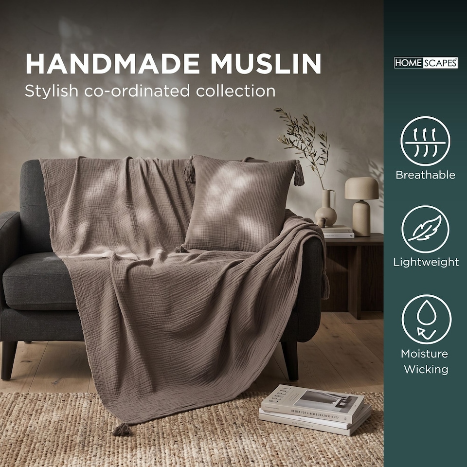 image 1 of Homescapes Pure Handmade Cotton Muslin Bed Throw Blanket - 127 x 180 cm