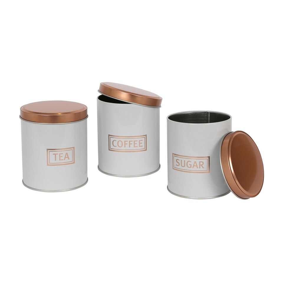 image 1 of Harbour Housewares 3pc Round Metal Tea Coffee Sugar Canister Set - White/Copper