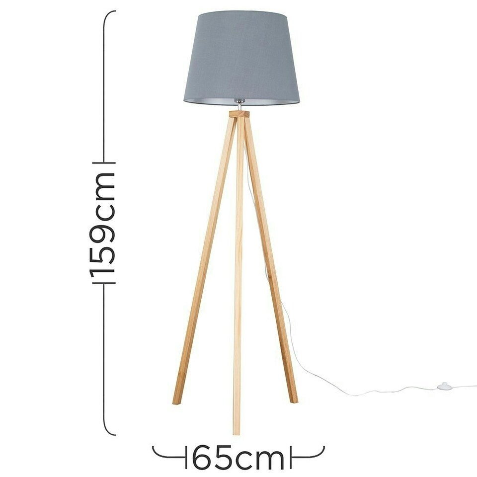 image 1 of ValueLights Barbro Wood Tripod Floor Lamp Grey Taper Shade