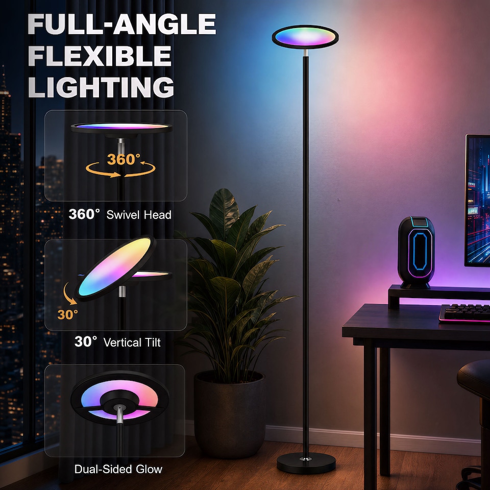 image 1 of HOMCOM Uplighter Floor Lamp with Tuya App and Music Sync for Bedroom, Black