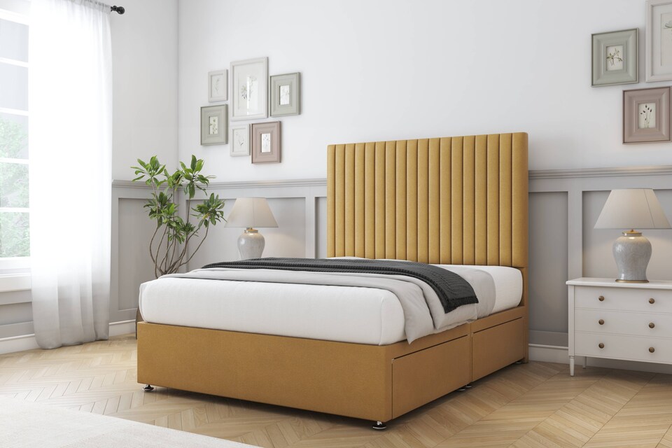 image 1 of Sloomy Manhattan Mustard Plush Divan Bed Base 2 Drawers Foot-End With 54 Inch Floor Standing Headboard | Gold | Mustard | Super King | 1