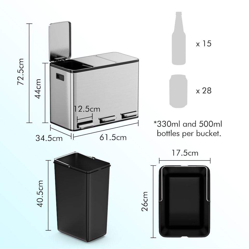 image 1 of 3 Compartment 45L Waste & Recycling Kitchen Bin (3 x 15L) | Silver | Stainless Steel | 45L