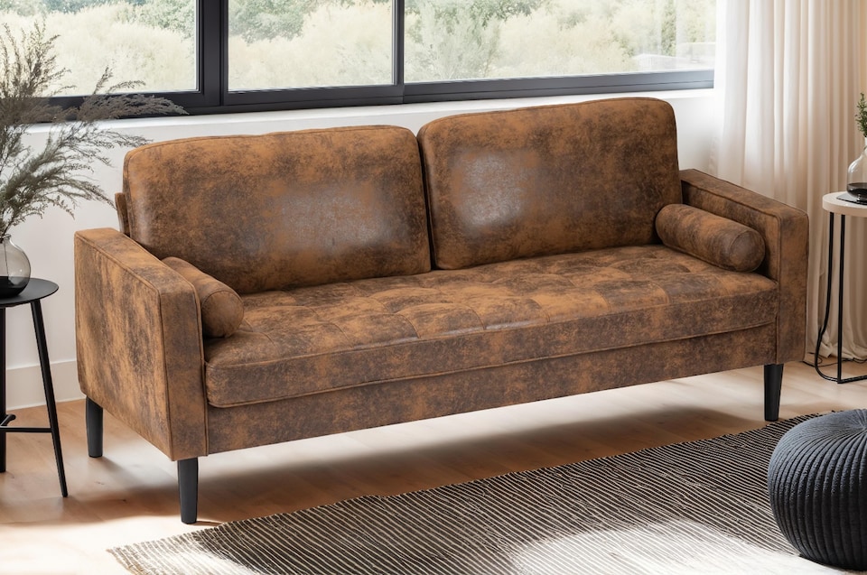 image 1 of Faux Leather Suede Brown 3 Seater Sofa BRINDISI