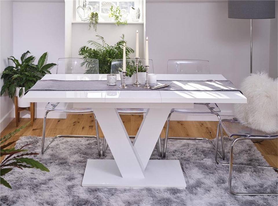 image 1 of White Gloss Dining Table Compact Small Kitchen Table Extending 120 to 160cm V Pedestal Leg 6 8 Seater Masy