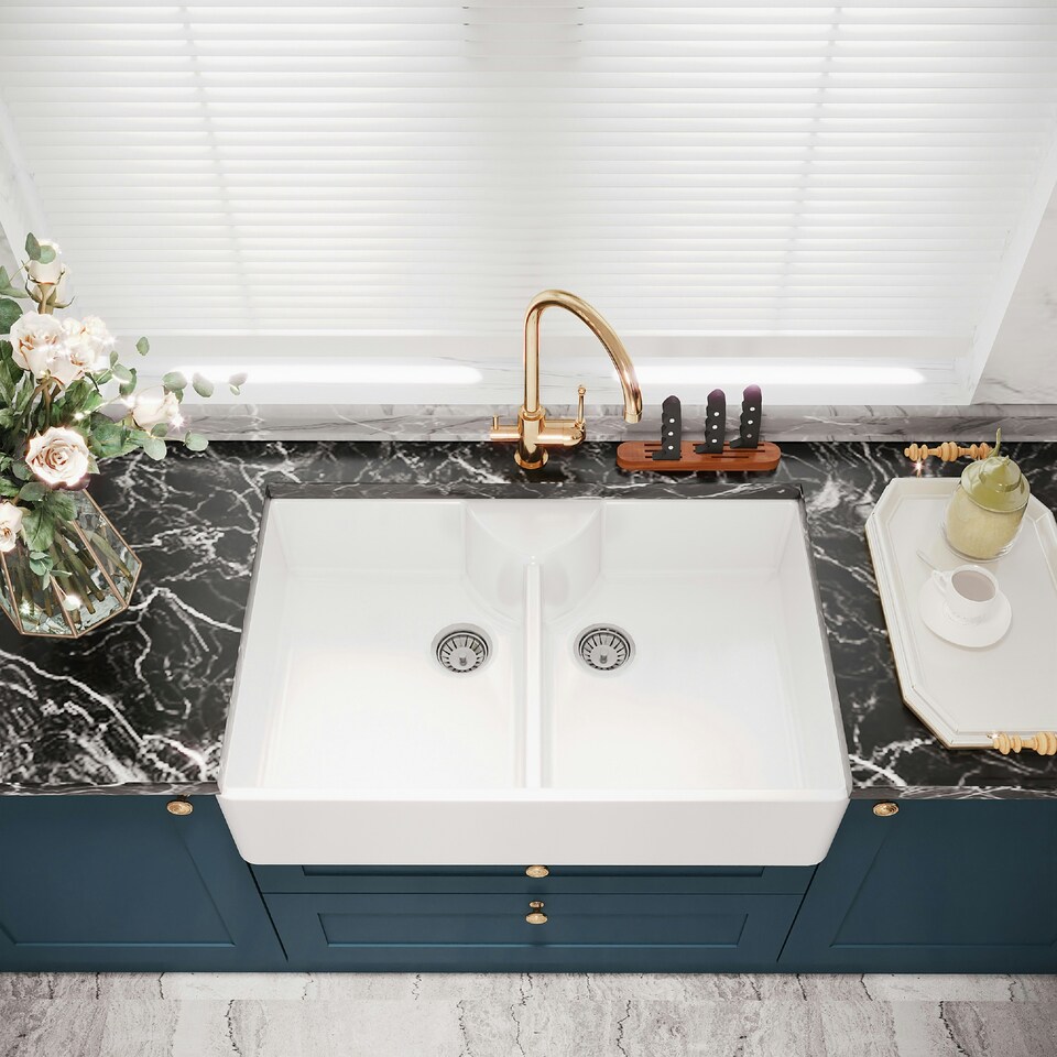 image 1 of 795mm - Double Bowl Fireclay Butler Kitchen Sink - Stepped Weir, Tap Ledge  & Wastes