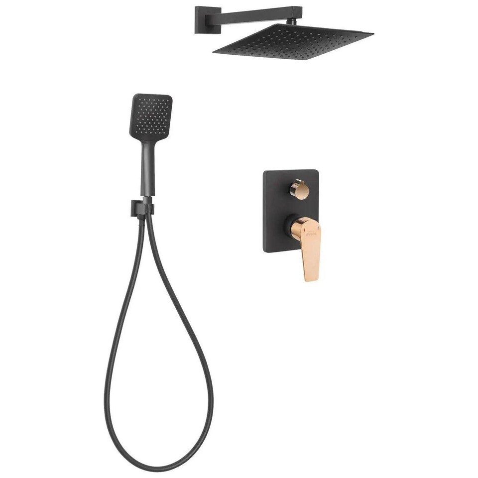image 1 of Black/Rose Gold Brass Wall Concealed Shower Mixer Set Rainfall Handshower