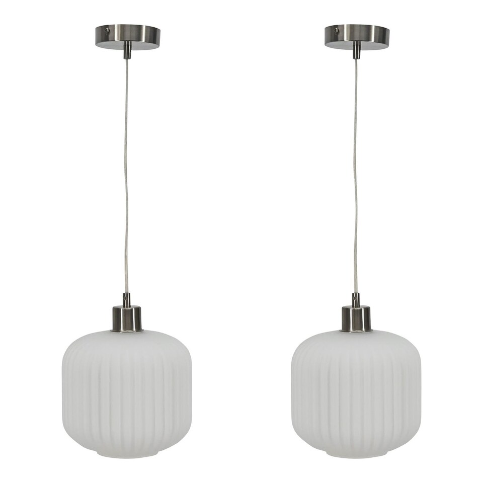 image 1 of Set of 2 Bento - White Ribbed Glass with Satin Nickel Pendant Fittings | Chrome | White | 2