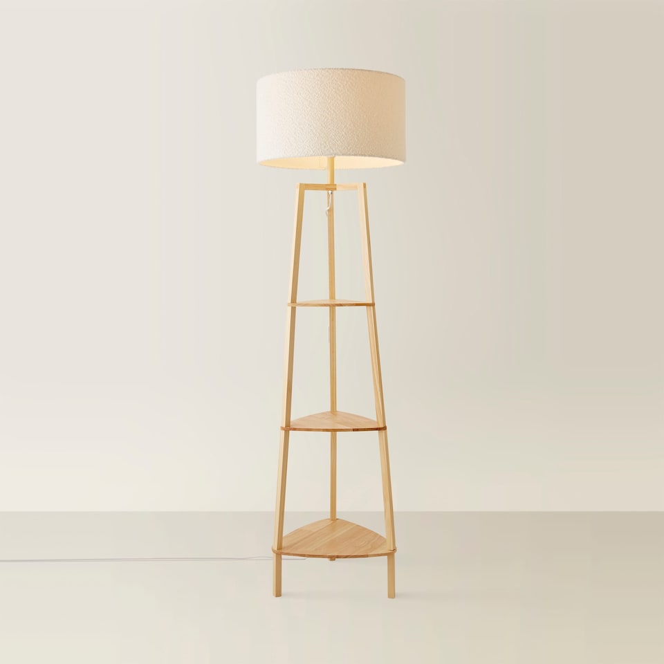 image 1 of ValueLights Hiru Wooden 3 Tier Shelf Floor Lamp Cream Shade | Cream