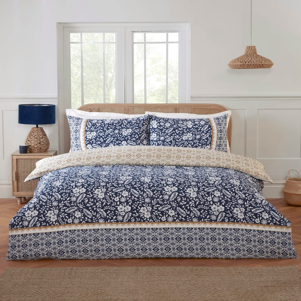 image 1 of Eleanor Floral Microfibre Reversible Duvet Cover Set with Pillowcase Blue | Double