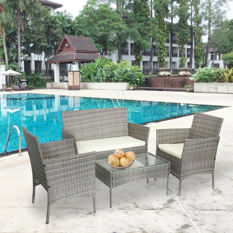 4 Seater Rattan Furniture Set With Coffee Table And Anti-Uv Cushions For Indoor Outdoor Patio Garden - Grey Grey