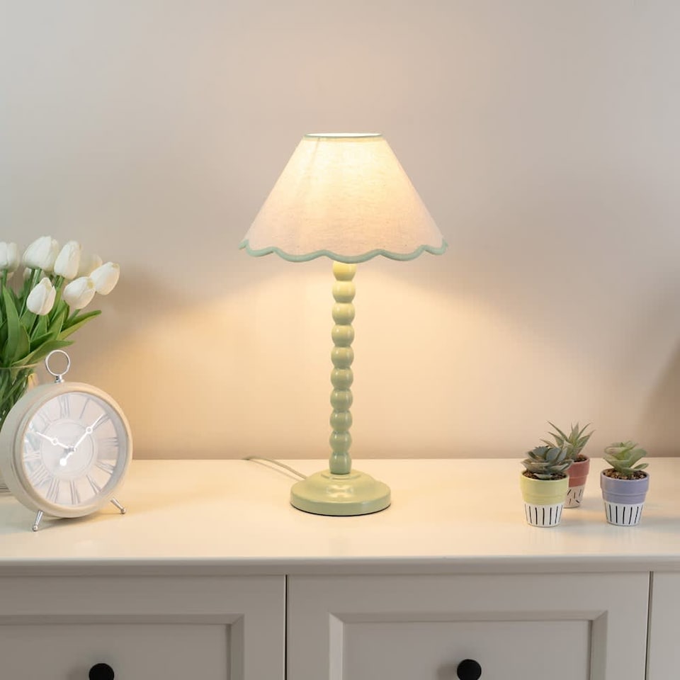 image 1 of ValueLights Bobbles Sage Green Table Lamp Green Trim Scallop Shade & Bulb | Green