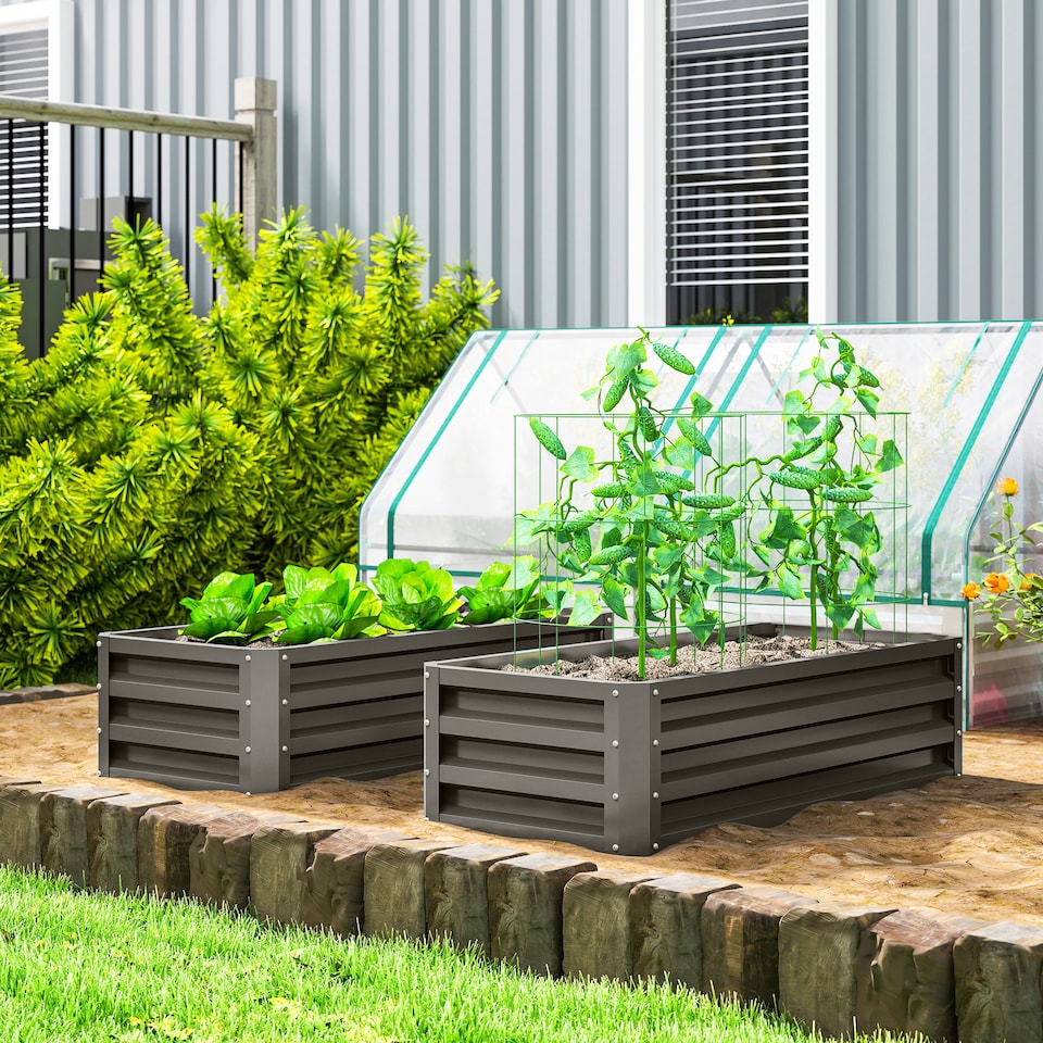 image 1 of Outsunny Set of 2 Raised Garden Bed Galvanised Planter Box, Dark Grey