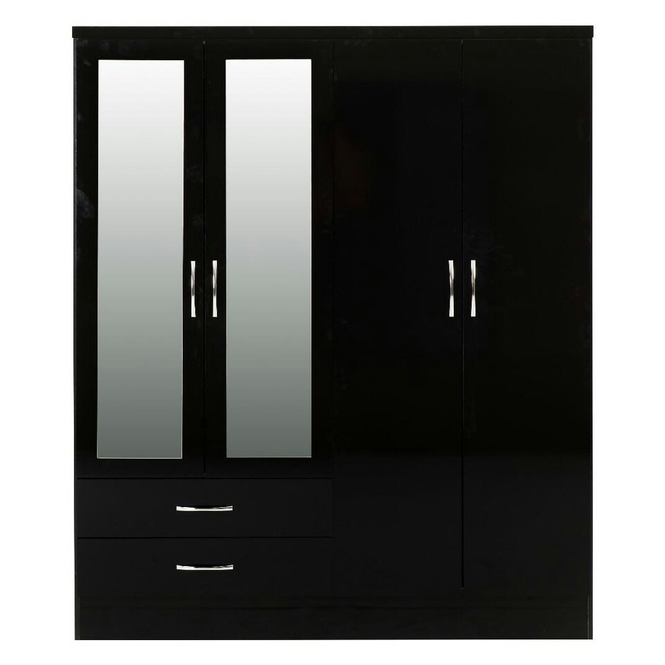 image 1 of Nevada 4 Door 2 Drawer Mirrored Wardrobe Black