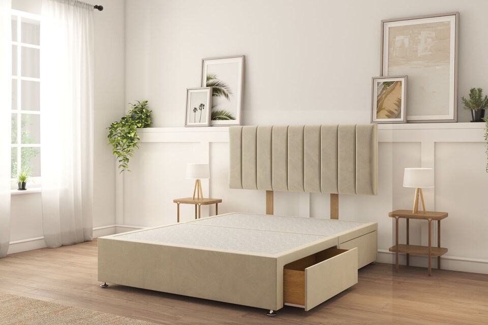 image 1 of Sloomy Kansas Cream Plush Divan Bed Base 2 Drawers Foot-End With 26" Strutted Headboard 5' King
