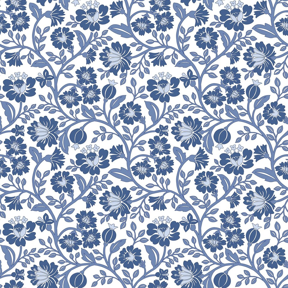 image 1 of Folksy Floral Wallpaper in Blue on White Blue