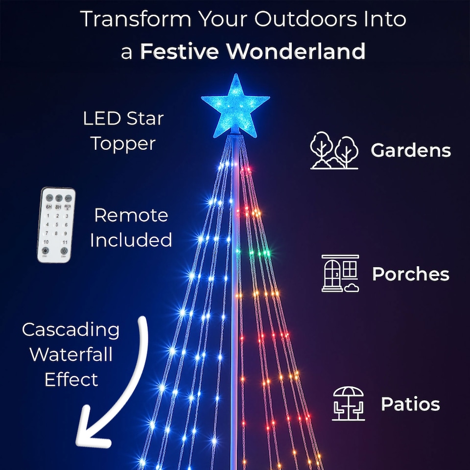 image 1 of Neo White Waterfall LED Outdoor Christmas Tree Light Cascading Star Tree with 5m Lead Multi Function Modes Garden & Patio 4ft 6ft 8ft 10ft Foot Feet | White | Multi White