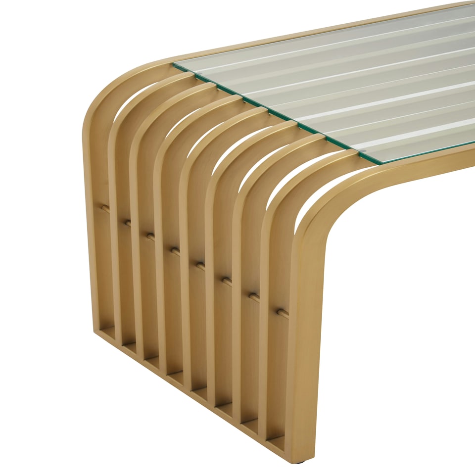 image 1 of Interiors by Premier Matte Gold Slatted End Table, Stylish End Table, Glass Top and Steel Construction Corner Table for Home Gold