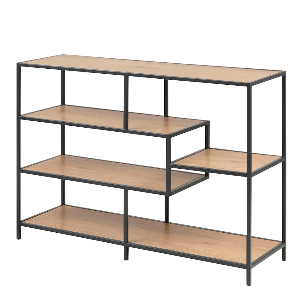 image 1 of Seaford Wide Black Metal Bookcase with 4 Oak Shelves