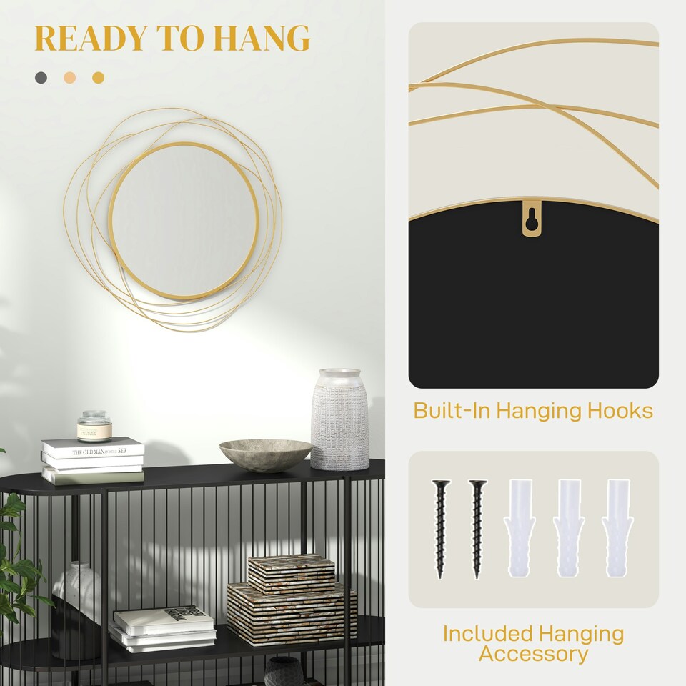 image 1 of HOMCOM Metal Wall Art 65cm Round Mirror for Living Room Dining Room Gold Tone