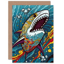 Fun Colourful Psychedelic Pattern Pop Shark Birthday Card