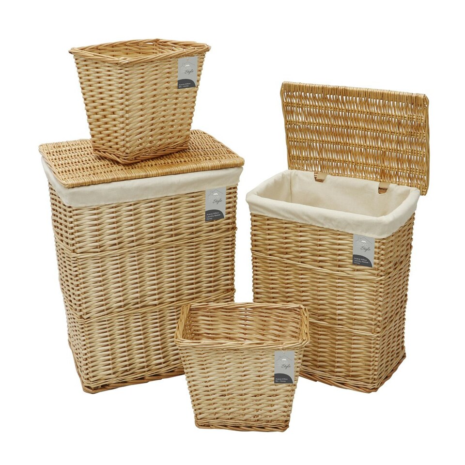 image 1 of JVL Hand Woven Acacia Set of 2 Rectangular Laundry Willow Baskets with 2 Waste Paper Baskets, Honey Finish Brown