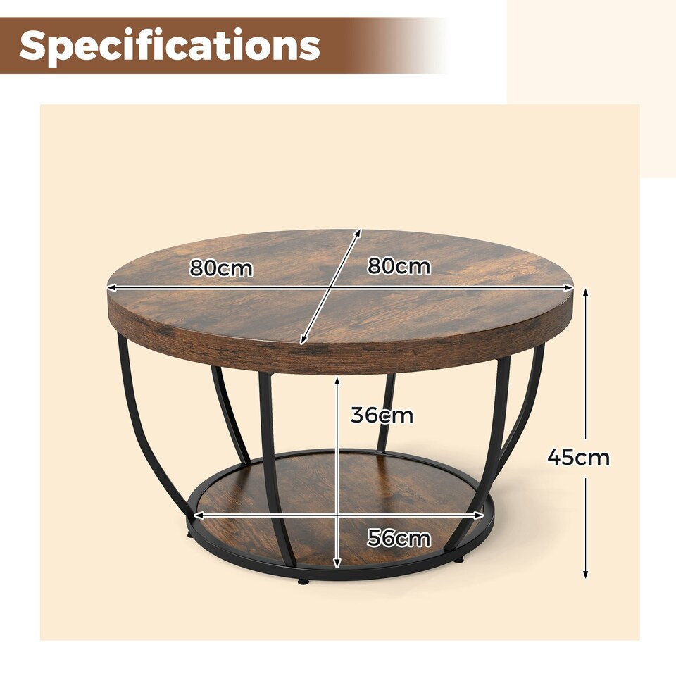 image 1 of COSTWAY 2-Tier Round Coffee Table 80cm Tea Cocktail Table Brown
